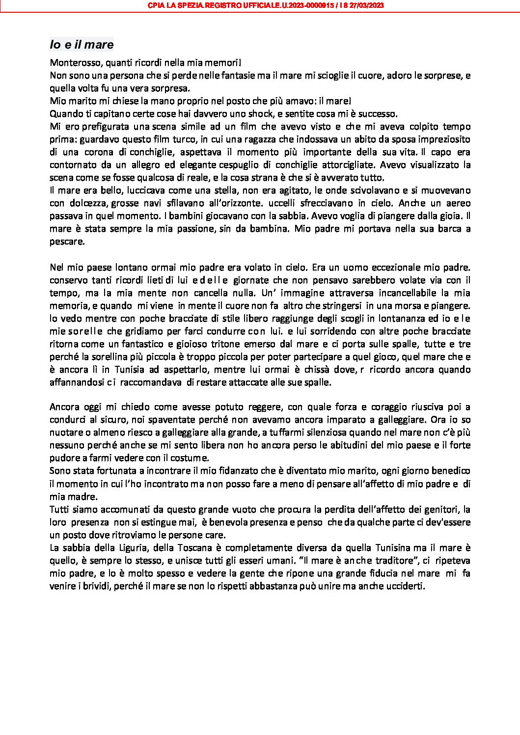 Classe 1PC Racconto Io E Il Mare CPIA Protocol